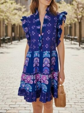 Caroline Constas Tiered Ruffled Navy Half Moon🌜Flutter Sleeve Cotton Mini Dress